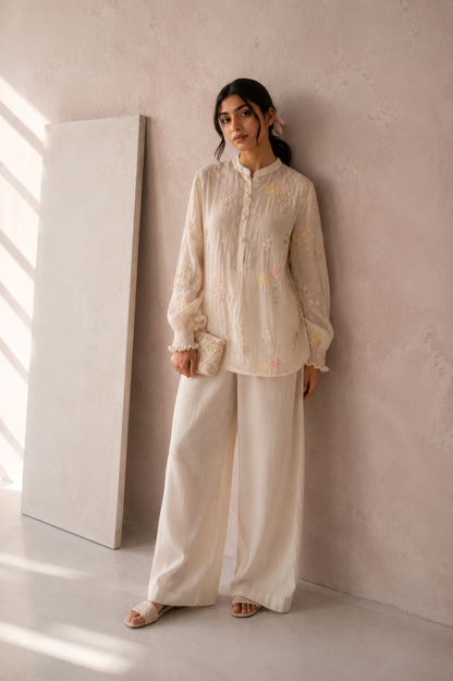 Vegan Silk White Embroidered Top