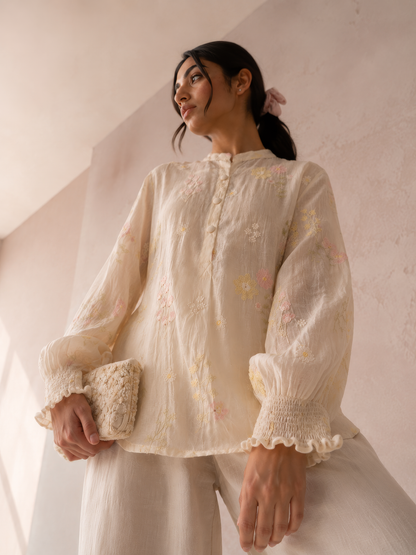 Vegan Silk White Embroidered Top