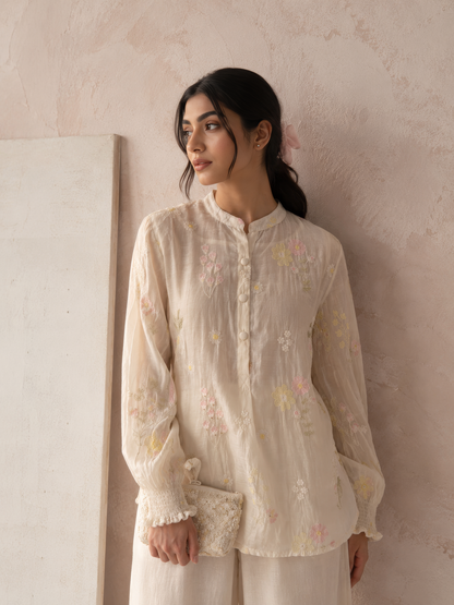 Vegan Silk White Embroidered Top