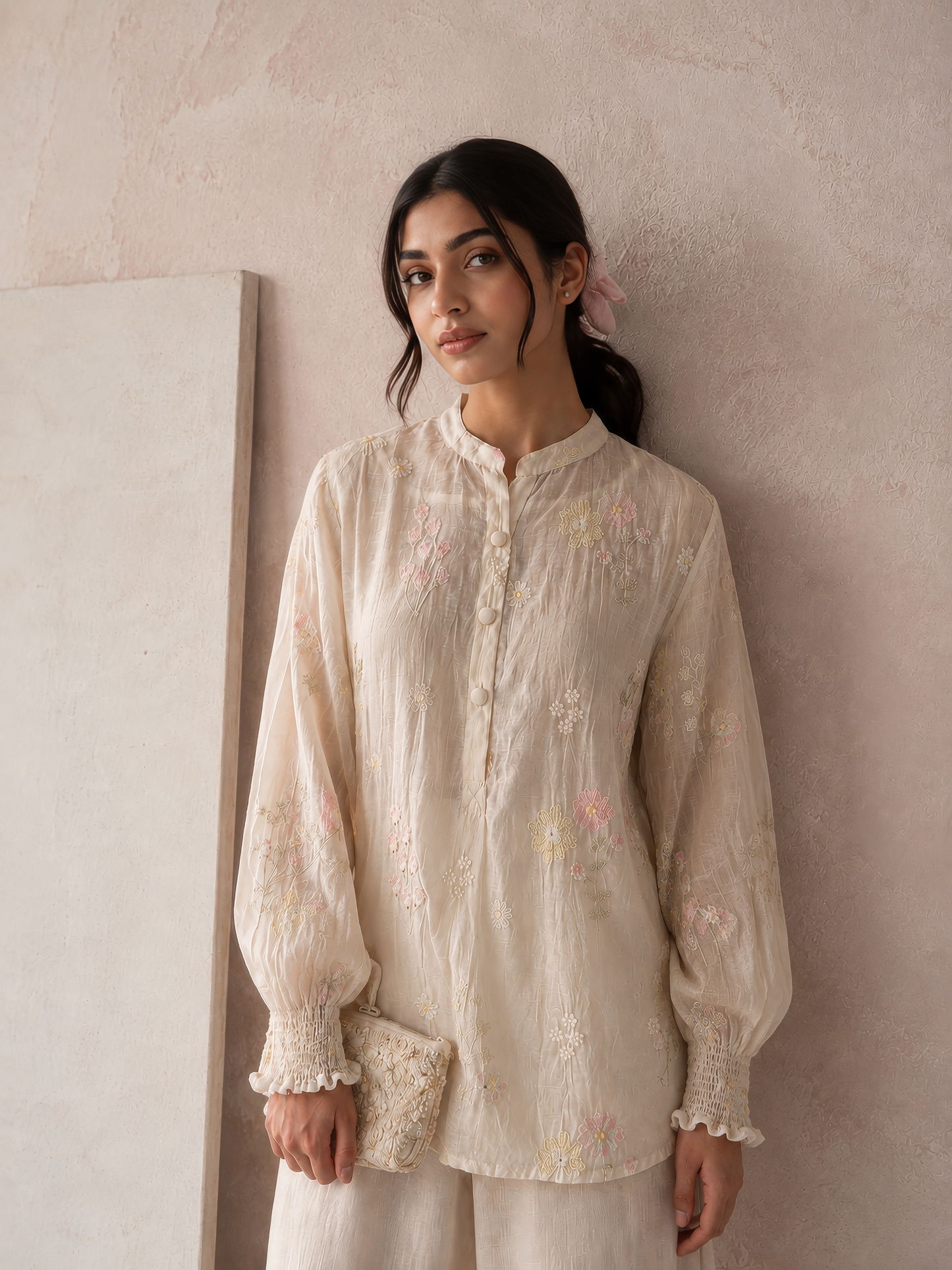 Vegan Silk White Embroidered Top