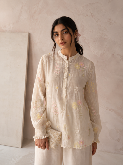 Vegan Silk White Embroidered Top
