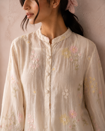 Vegan Silk White Embroidered Top