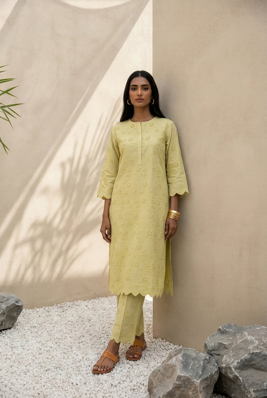 Sunflower Applique Cotton Kurta Set