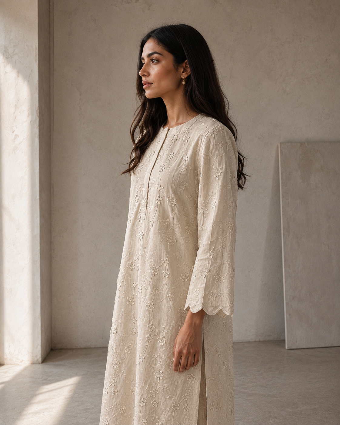 Oat 100% Cotton Tonal Appliqué Scalloped Kurta Set