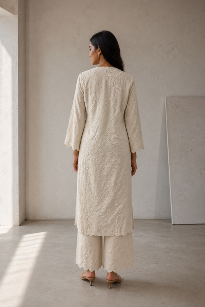 Oat 100% Cotton Tonal Appliqué Scalloped Kurta Set