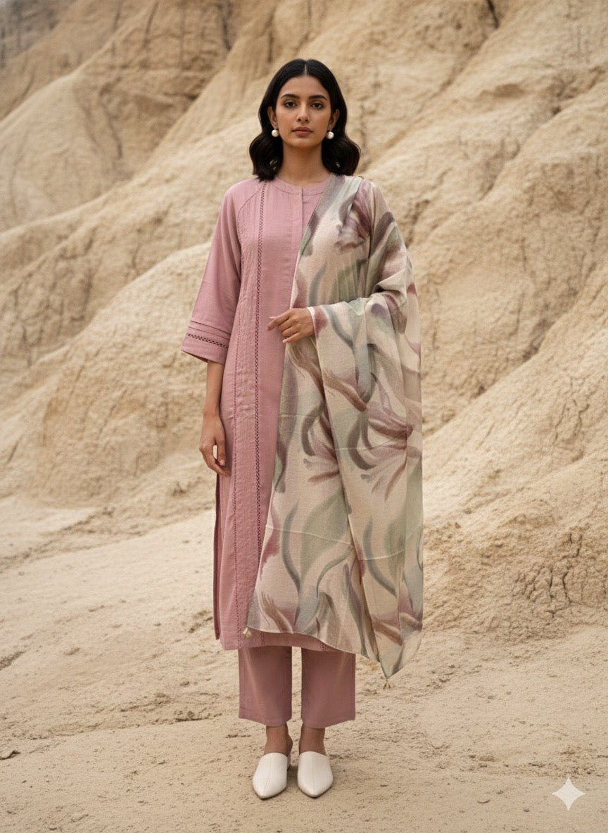 Blossom Pink Karimiori Lace Linen Kurta Set with Dupatta