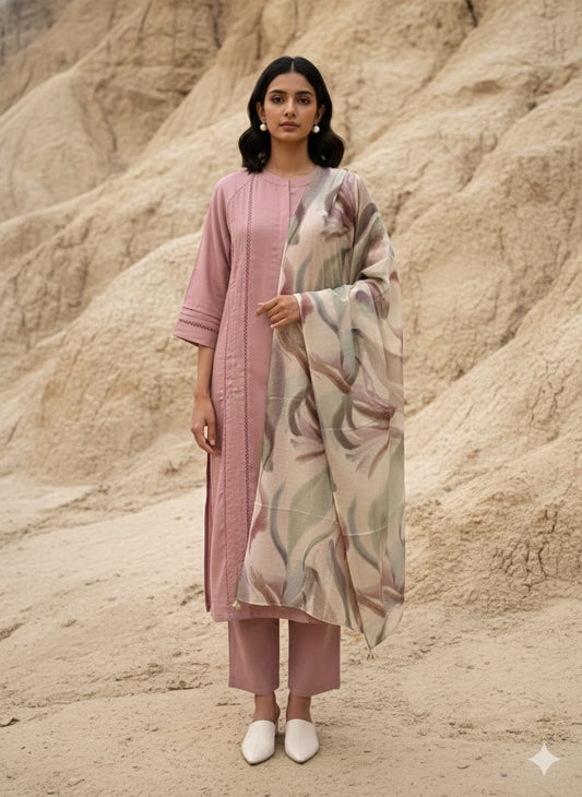 Blossom Pink Karimiori Lace Linen Kurta Set with Dupatta