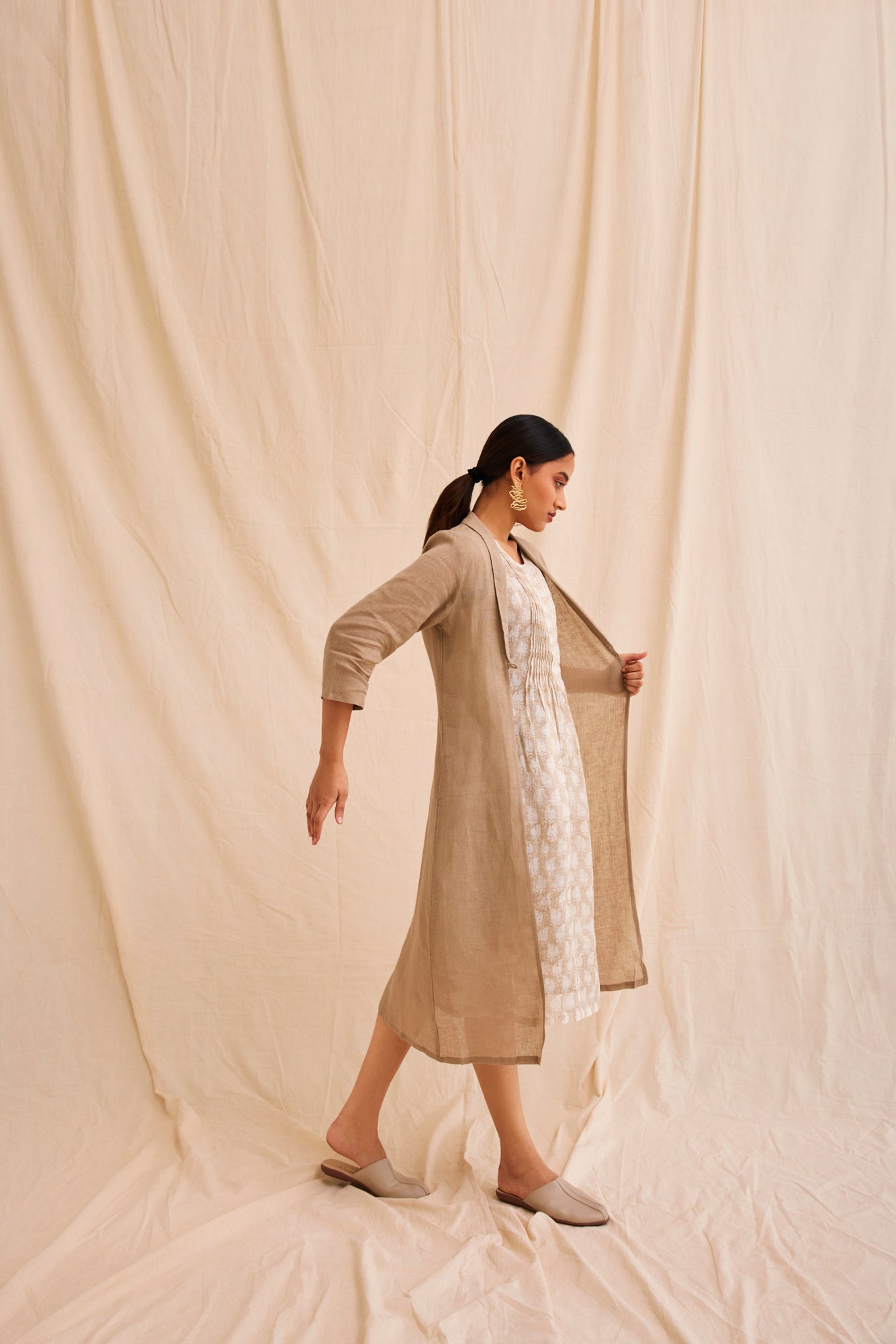 Handblock Printed Dress with Linen Overlay