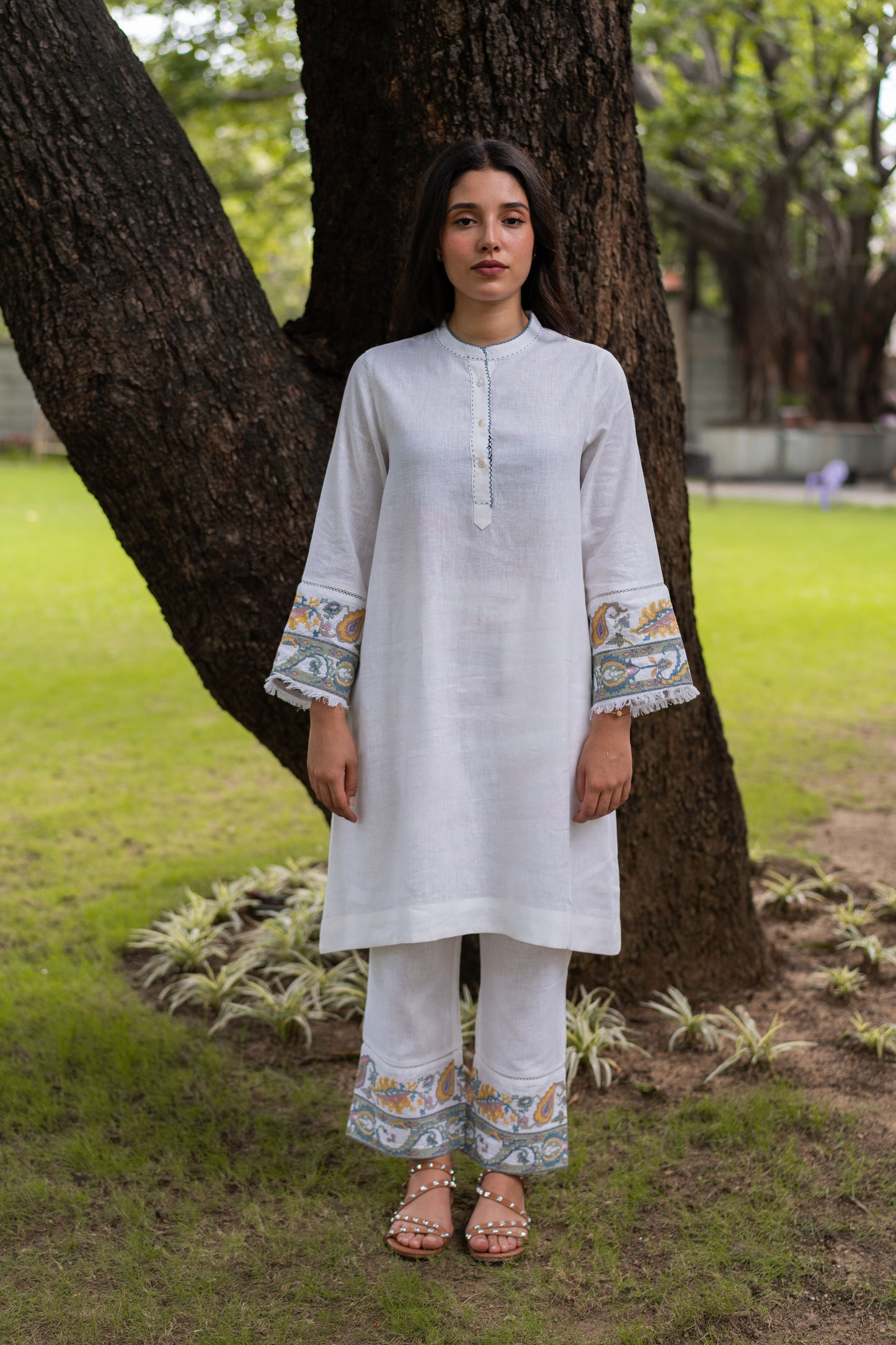 White Linen Cross-Stitch Linen Kurta Set