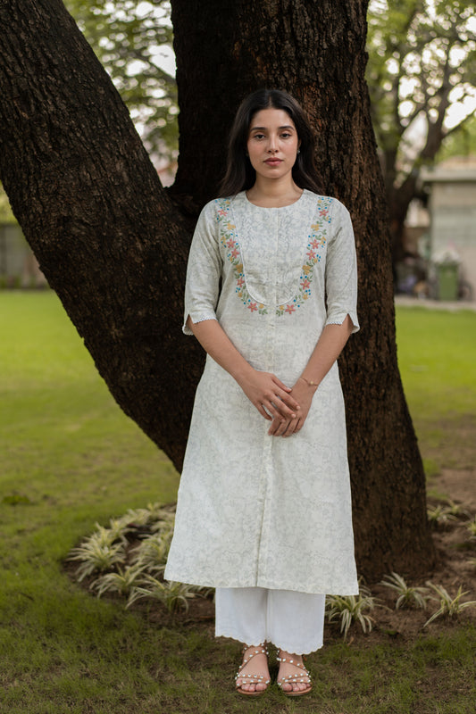 White Handblock Linen Kurta