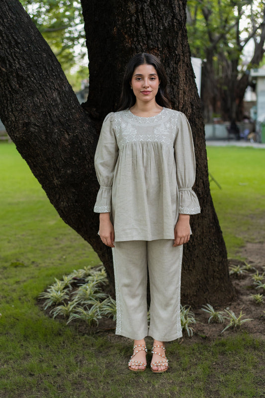 Natural Linen Embroidered Co-ord Set