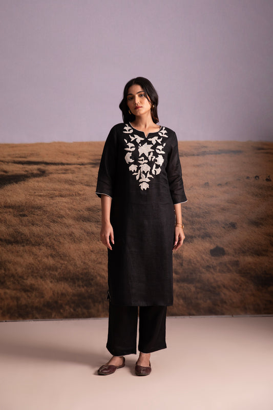 Pure Hemp Applique Black Kurta Set