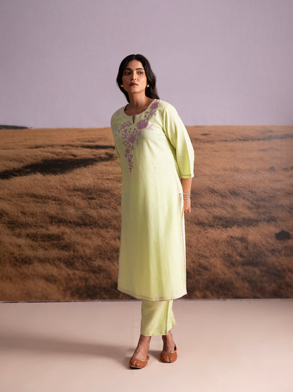 Matcha Green Embroidered Linen Kurta