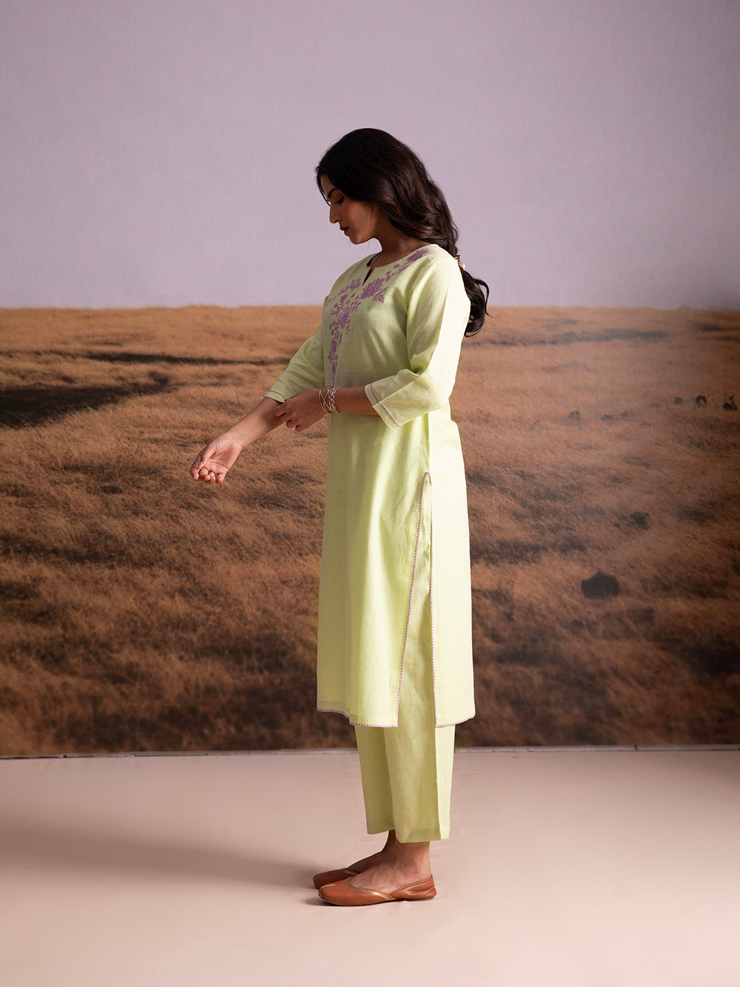 Matcha Green Embroidered Linen Kurta