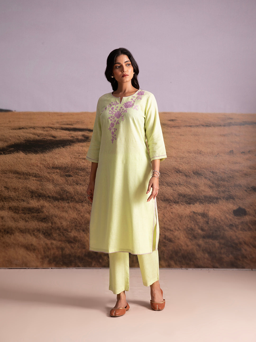 Matcha Green Embroidered Linen Kurta