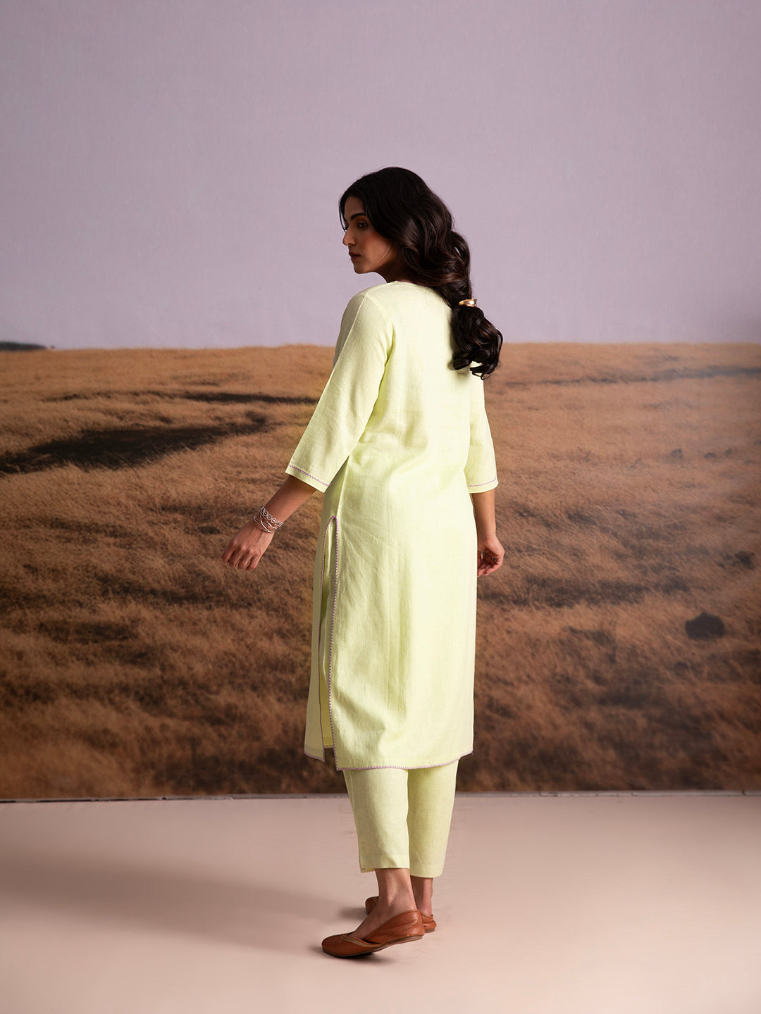 Matcha Green Embroidered Linen Kurta