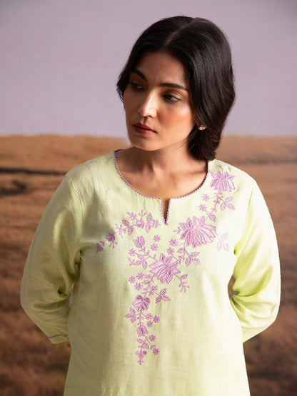 Matcha Green Embroidered Linen Kurta