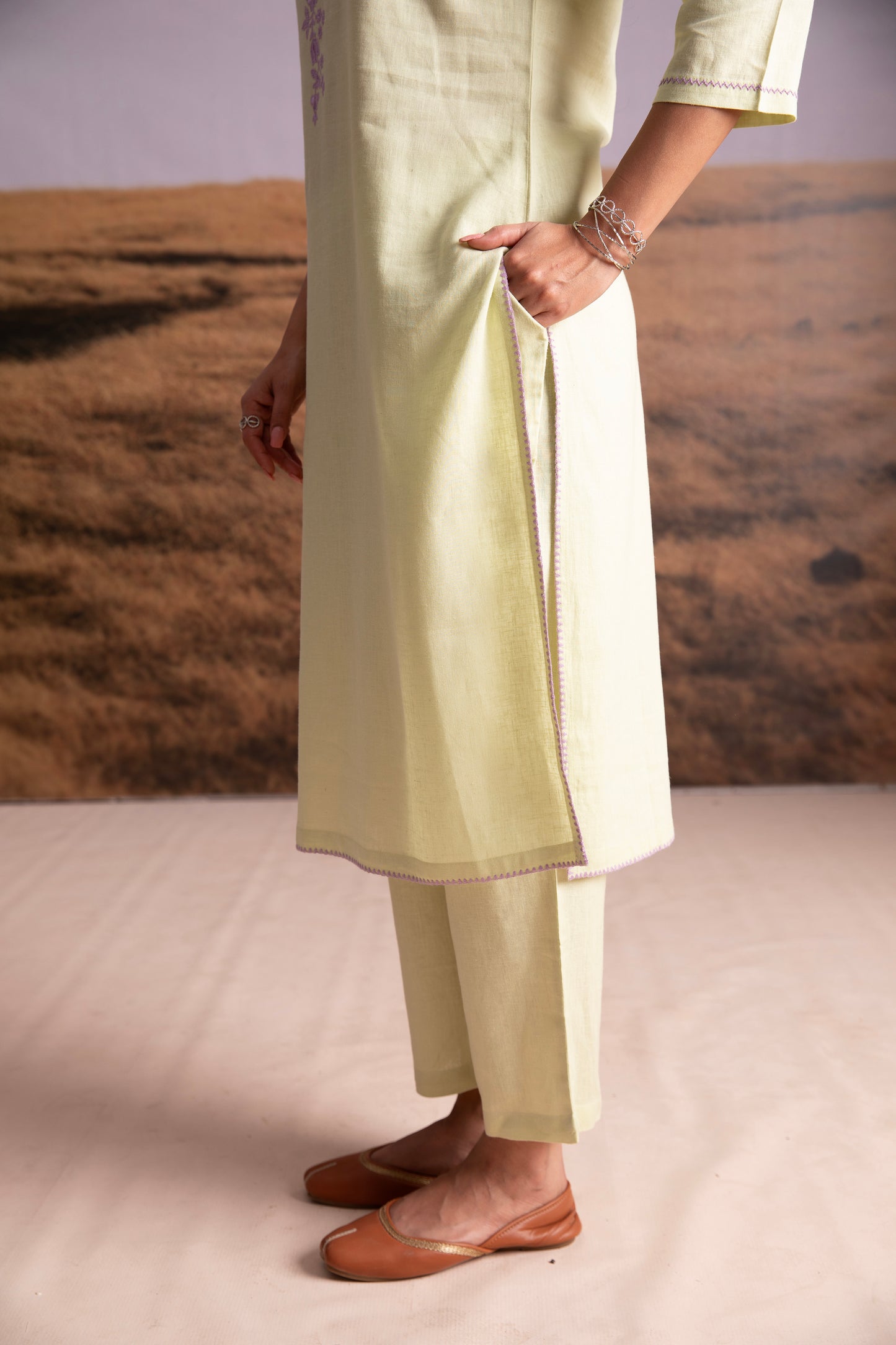 Matcha Green Embroidered Linen Kurta