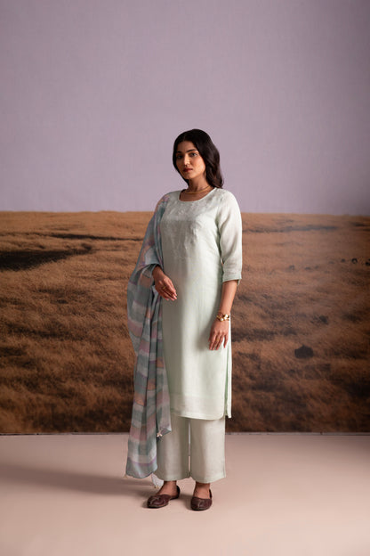 Mint Applique Karamiori Linen Kurta Set (of 3)