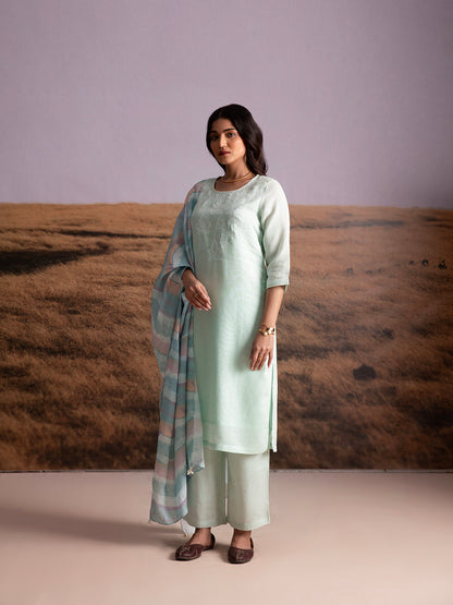 Mint Applique Karamiori Linen Kurta Set (of 3)