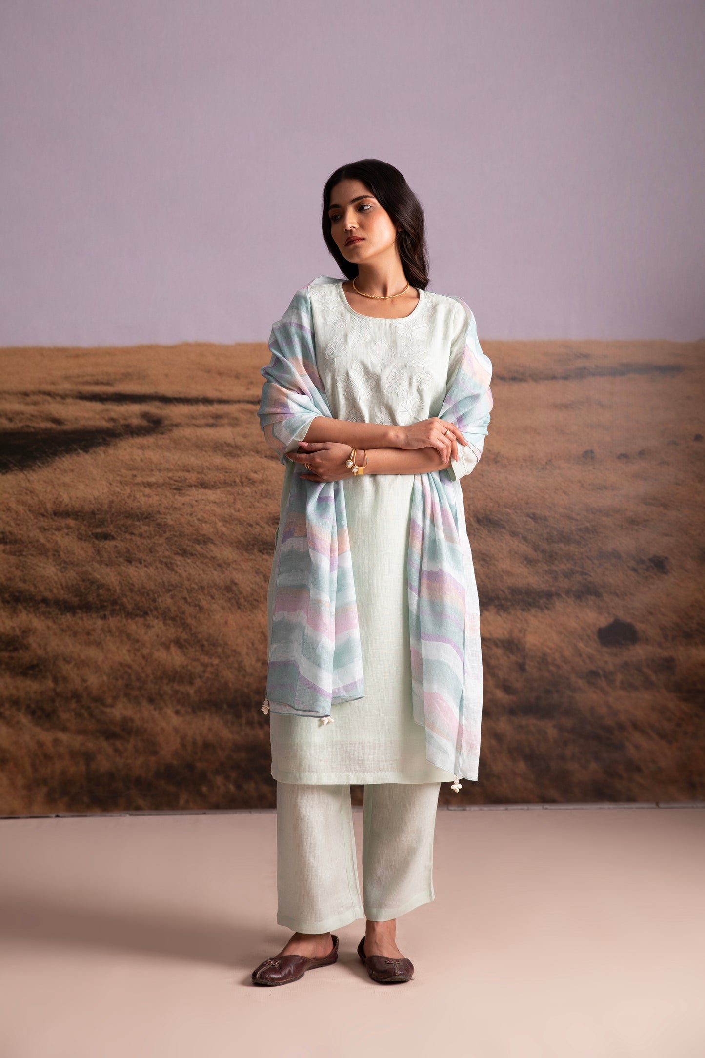 Mint Applique Karamiori Linen Kurta Set (of 3)