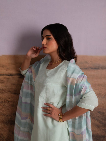 Mint Applique Karamiori Linen Kurta Set (of 3)