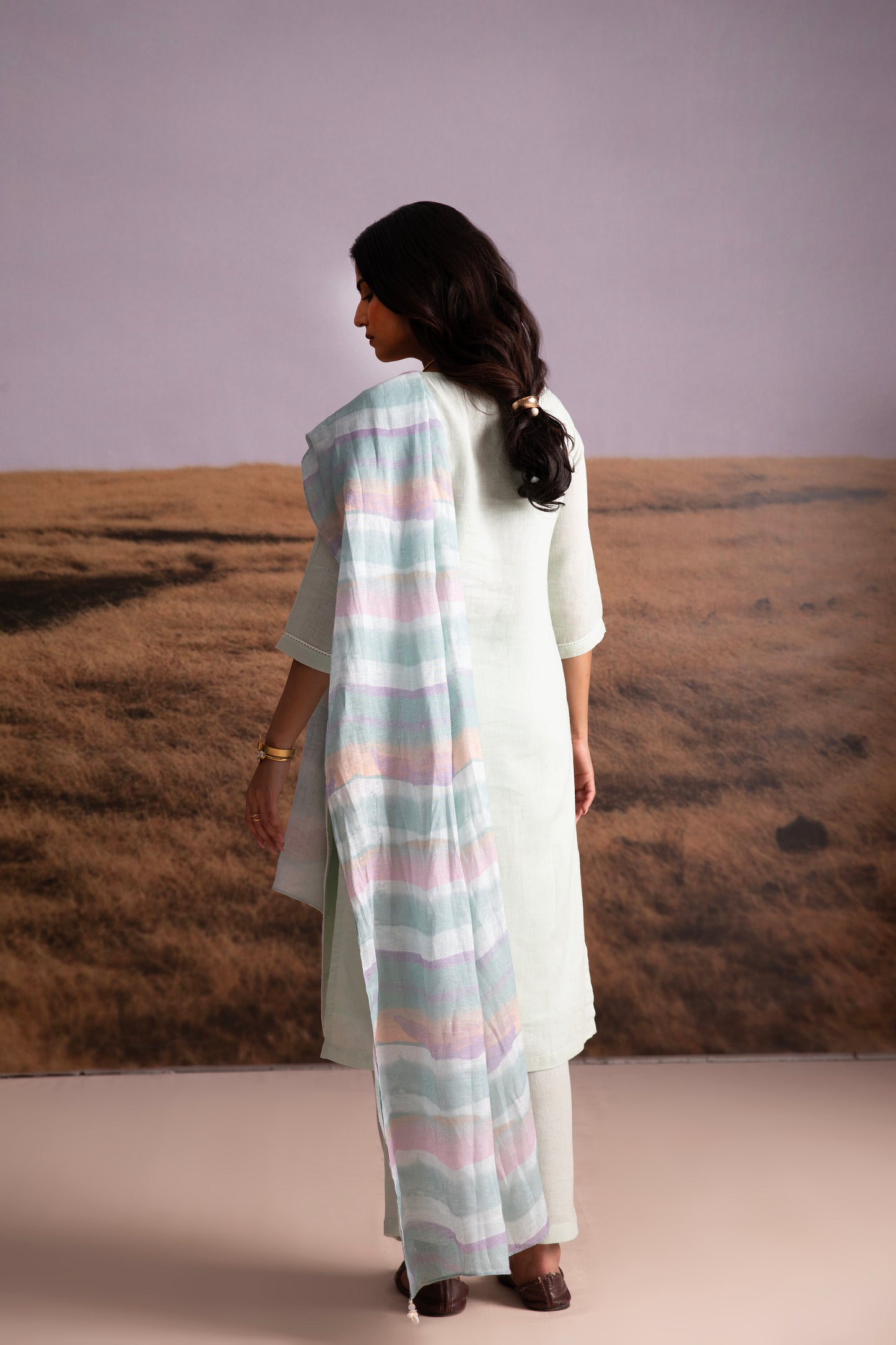 Mint Applique Karamiori Linen Kurta Set (of 3)