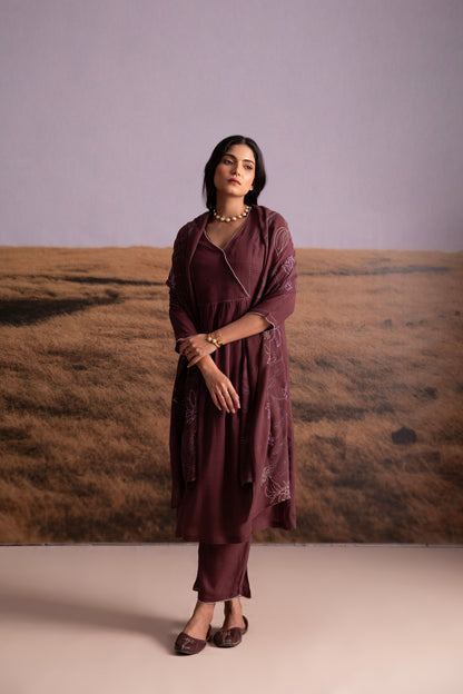 Plum Linen Kurta Set with Odhani