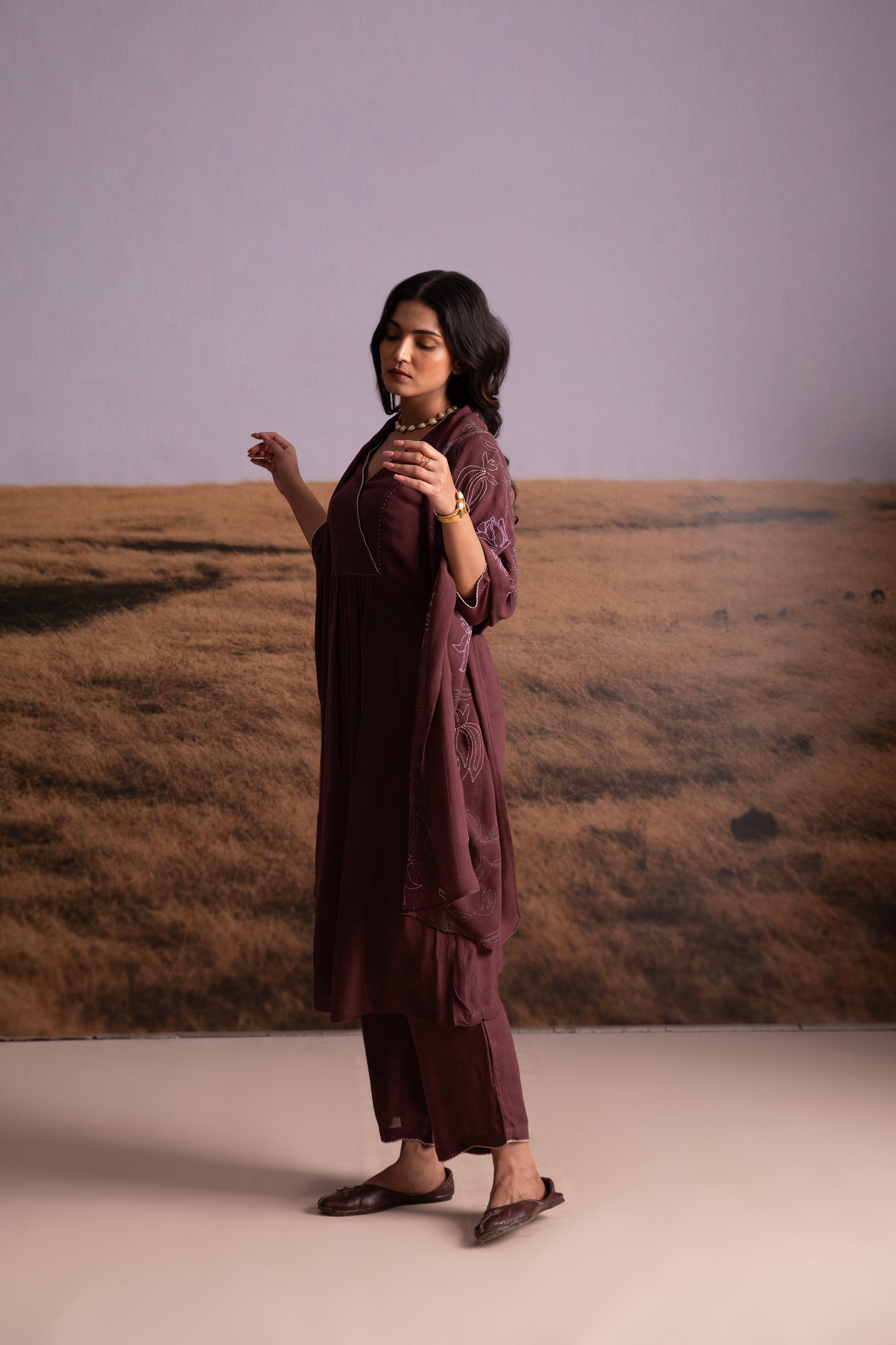 Plum Linen Kurta Set with Odhani