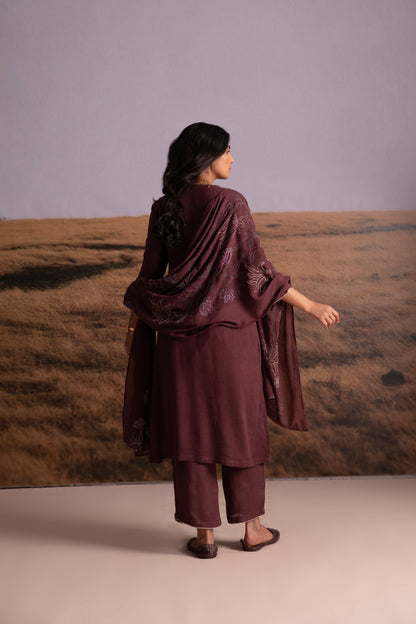 Plum Linen Kurta Set with Odhani