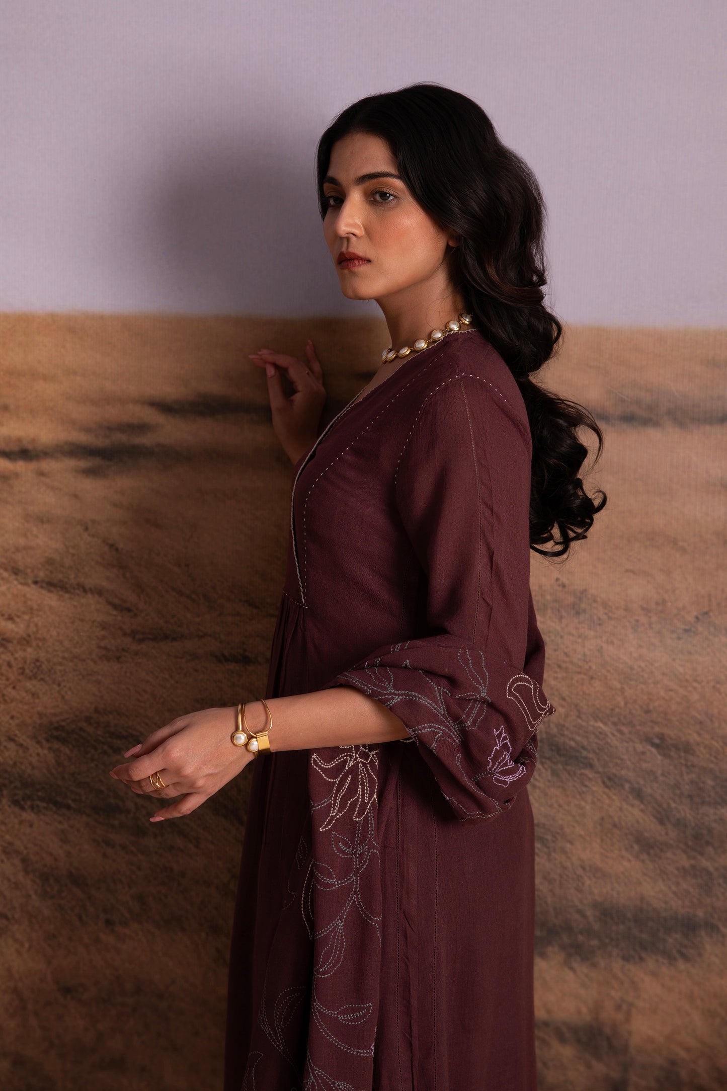 Plum Linen Kurta Set with Odhani