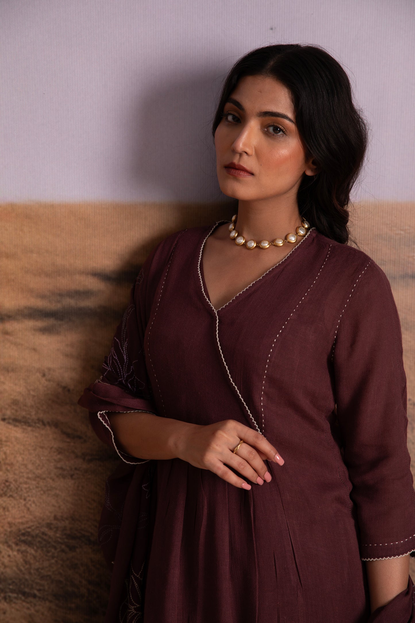 Plum Linen Kurta Set with Odhani