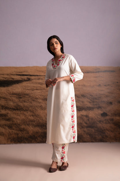 Cream Floral Embroidered Kurta Set