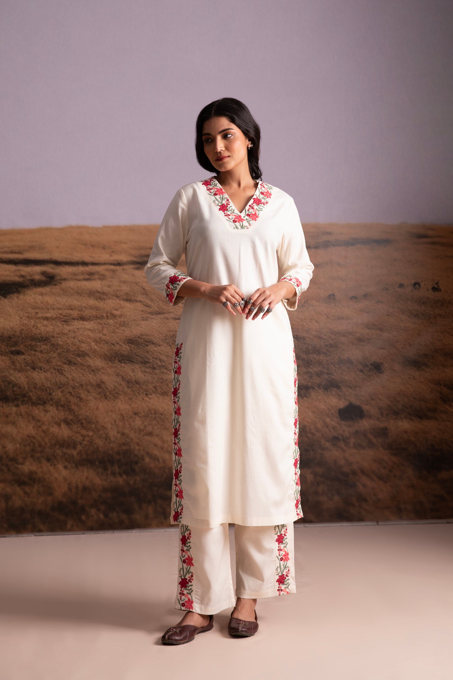 Cream Floral Embroidered Kurta Set