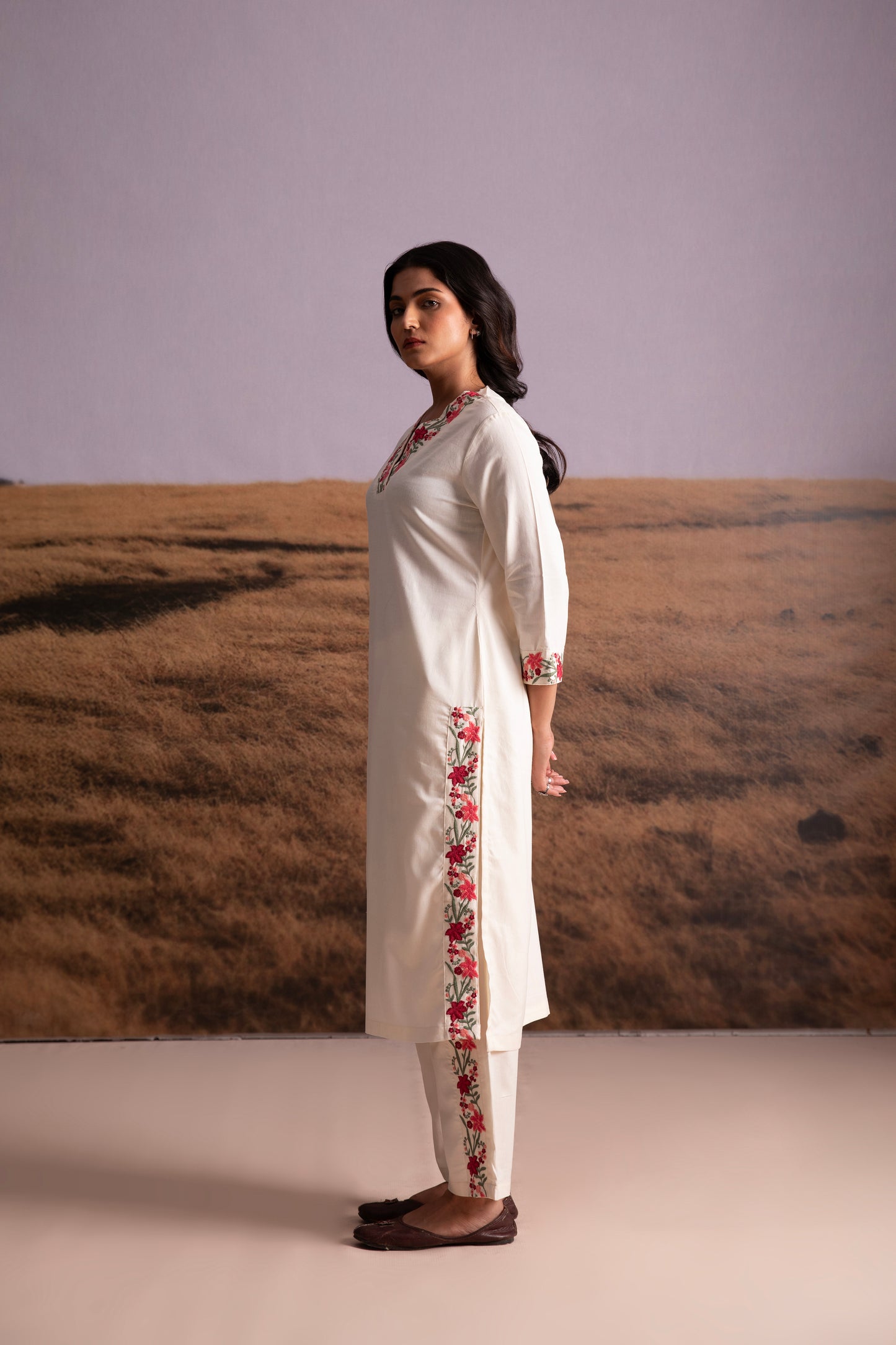 Cream Floral Embroidered Kurta Set