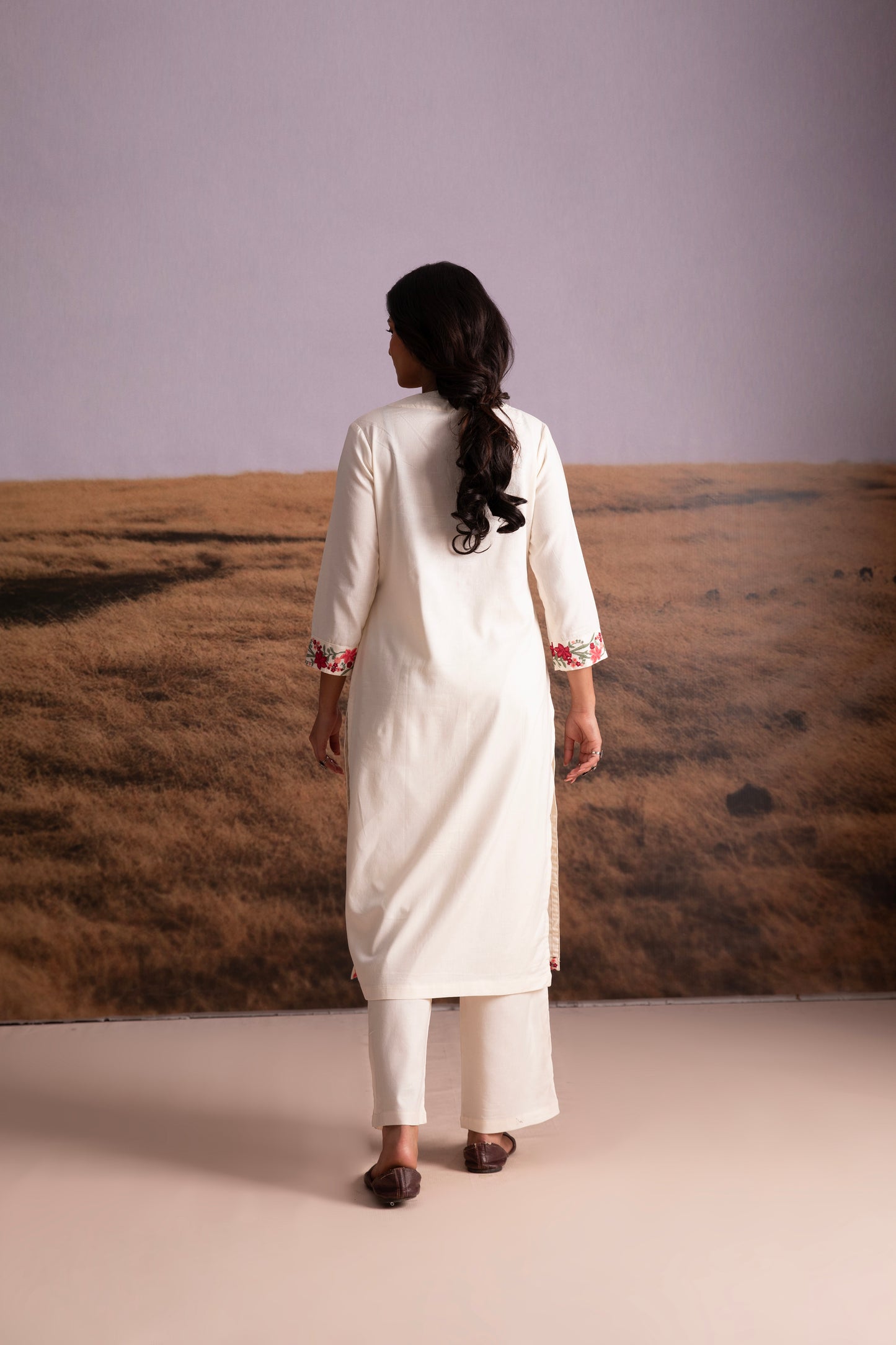 Cream Floral Embroidered Kurta Set