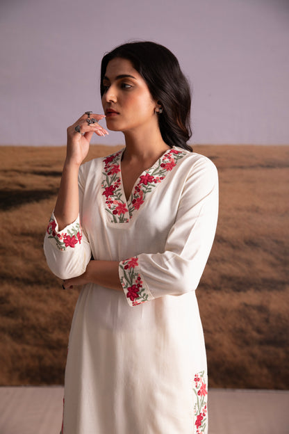 Cream Floral Embroidered Kurta Set