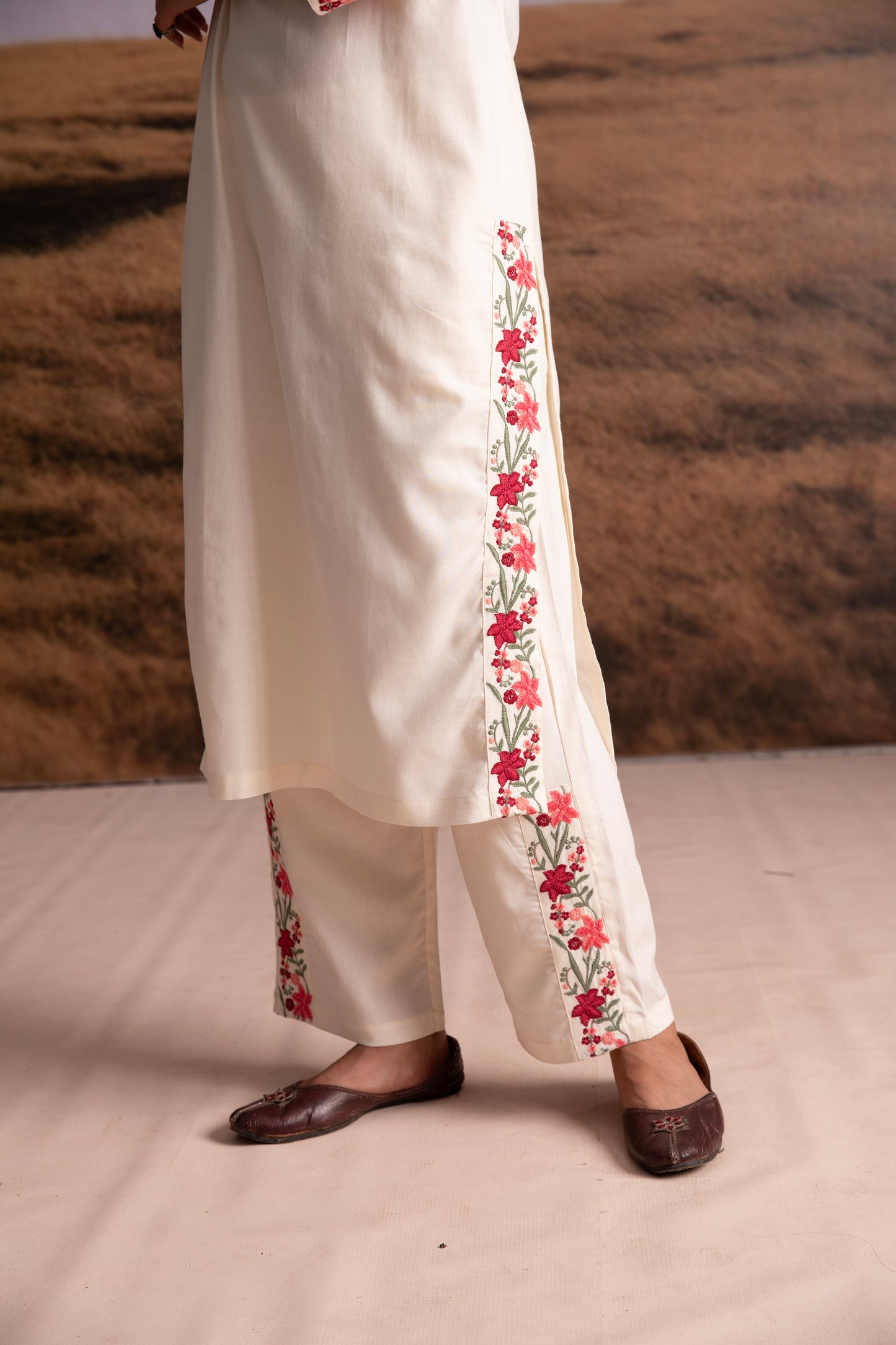 Cream Floral Embroidered Kurta Set