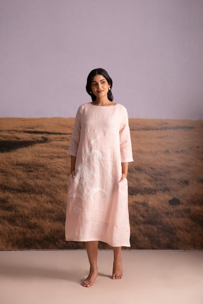 Pure Hemp Applique Dress-Pink