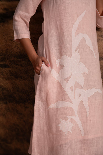 Pure Hemp Applique Dress-Pink