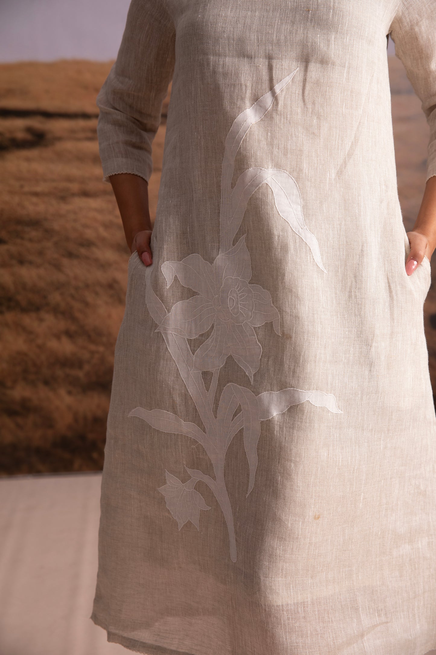 Pure Hemp Applique Dress-Natural