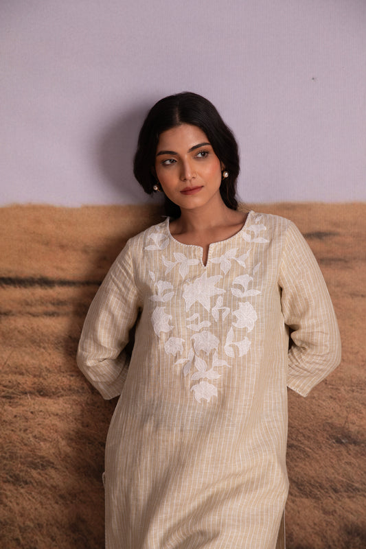 Pure Hemp Striped Applique Kurta Set-Natural