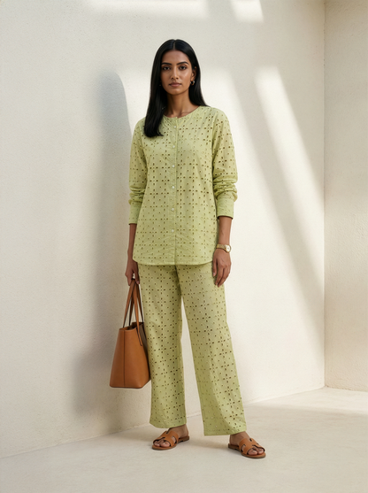 Cutwork Cotton Co-ord Set-Matcha Green