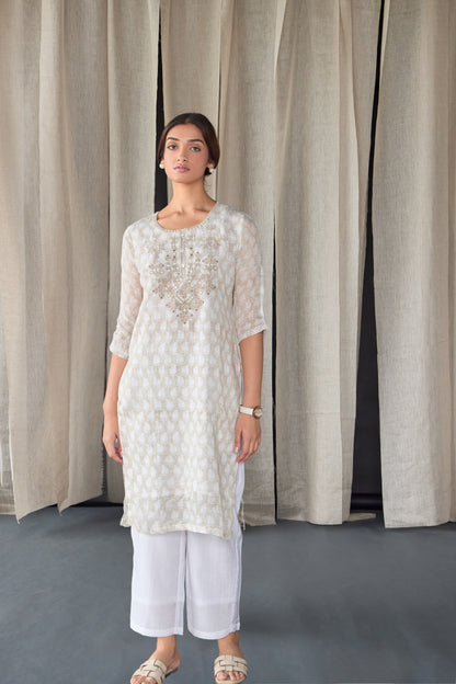 Handblock Off White Pure Linen Kurta