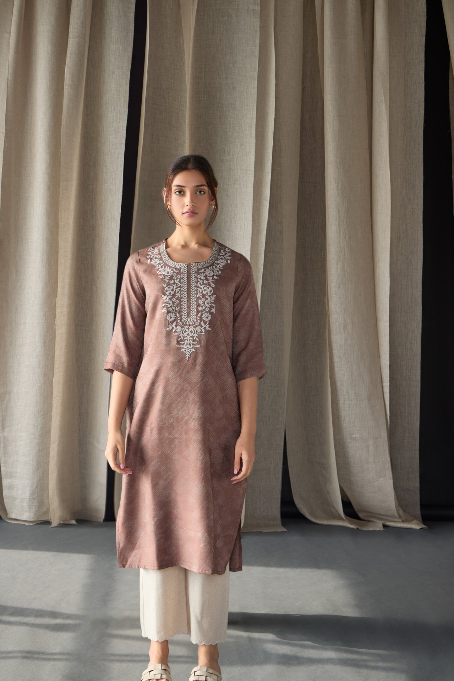 Brown Jacquard Kurta with Yoke Embroidery