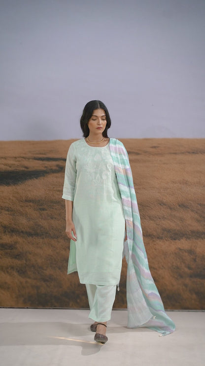 Mint Applique Karamiori Linen Kurta Set (of 3)