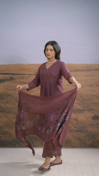 Plum Linen Kurta Set with Odhani