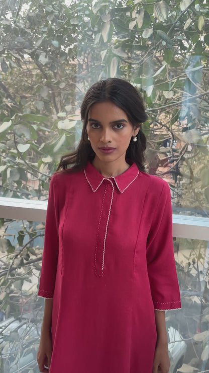 A-Line Crimson Red  Linen Kurta Set